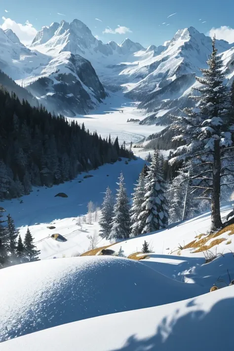 cool, tranquil shadows envelop the valleys and forests, adding depth and dimension to the scene. The picture is a masterpiece, a top-quality work of art that makes you feel like you are right there in the Swiss Alps.

The majestic mountains towering above ...