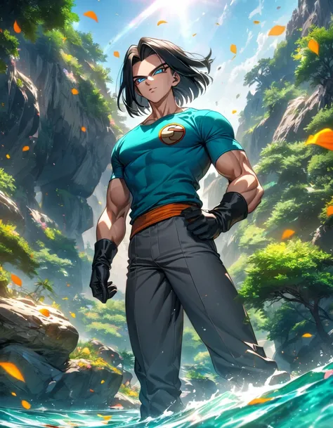 Ultra detailed, highres, absurdres, HDR, Android 17, black hair, blue eyes, Dragon ball Super, handsome, 1 man only, summer, green leaves, petals and flowers, black gloves,