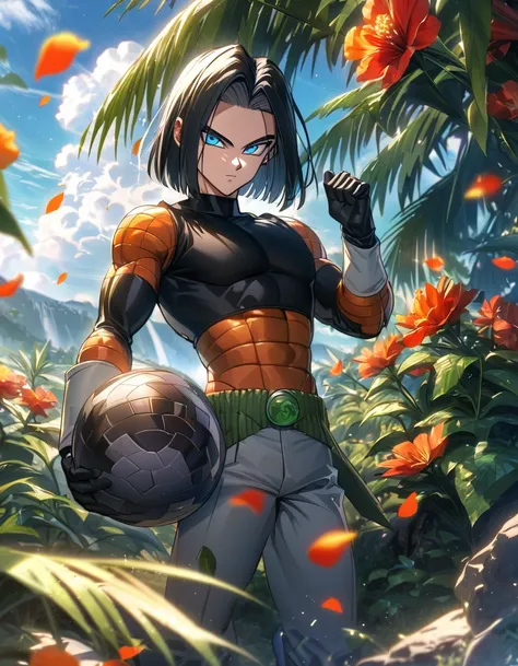 Ultra detailed, highres, absurdres, HDR, Android 17, black hair, blue eyes, Dragon ball Super, handsome, 1 man only, summer, green leaves, petals and flowers, black gloves,