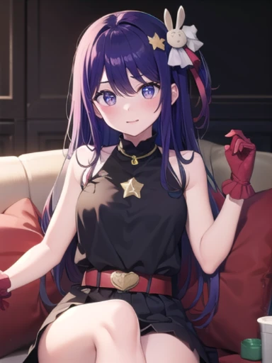 highest quality、masterpiece、High resolution、8k、Aihoshino、hair between eyes、hair ornament、ヘアribbon、long hair、one side up、(purple eyes:1.1)、purple hair、Bunny hair ornament、star-shaped pupil、symbol-shaped pupil、六芒star-shaped pupil、belt、ブラックbelt、brooch、dress、ピ...