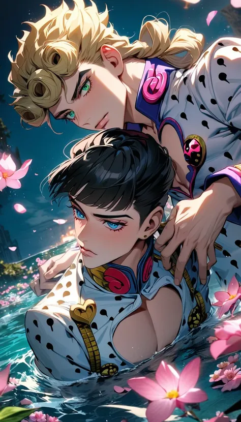 absurdres, highres, ultra detailed, HDR, masterpiece, Giorno Giovanna, blond hair, expressive green eyes, jojo bizarre adventure, Bruno Bucciarati, black hair, expressive blue eyes, 2men together, gay couple, water, pink petals, pink flowers, pink butterfl...