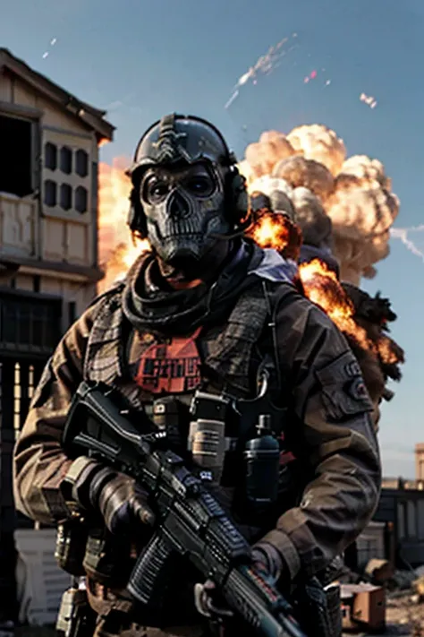 Ghost code soldier holding a firearm, fotografia de Corpo inteiro. Apocalyptic scenario with fire background, nuvens escuras, Explosion, guerra, different photography angles.