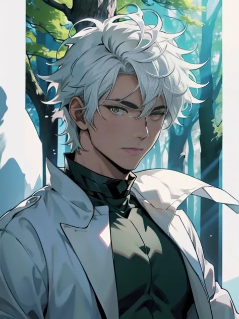 Anime character with white hair and yellow eyes standing in front of a green tree, Hajime Yatate, deus de cabelos brancos, Nagito Komaeda, koyoharu gotouge, Retrato de anime de um homem bonito, Homem alto do anime com olhos amarelos, anime homem bonito, Un...