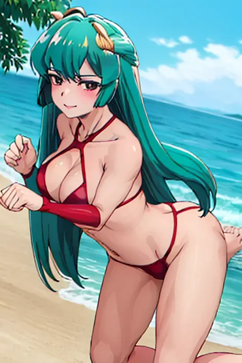 masterpiece, best quality, beautiful art, high resolution, well formed hands, body and fingers, 1 woman, solo, Sayo Minakami, adult, big breasted, cleavage, wearing a Tyris Flare outfit, full body, sexy and skimpy bikini, gorgeous legs and thighs , dancing...