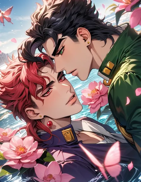 absurdres, highres, ultra detailed, HDR, masterpiece, Jotaro Kujo, black hair, expressive green eyes, jojo bizarre adventure, Kakyoin, red hair, expressive red eyes, 2men together, gay couple, water, pink petals, pink flowers, pink butterflies