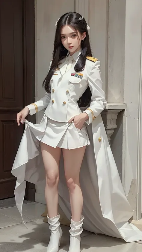 beautiful girl with long hair, (white suit), (all white), (white shirt), (showing off a black tie), (military rank insignia), (w...