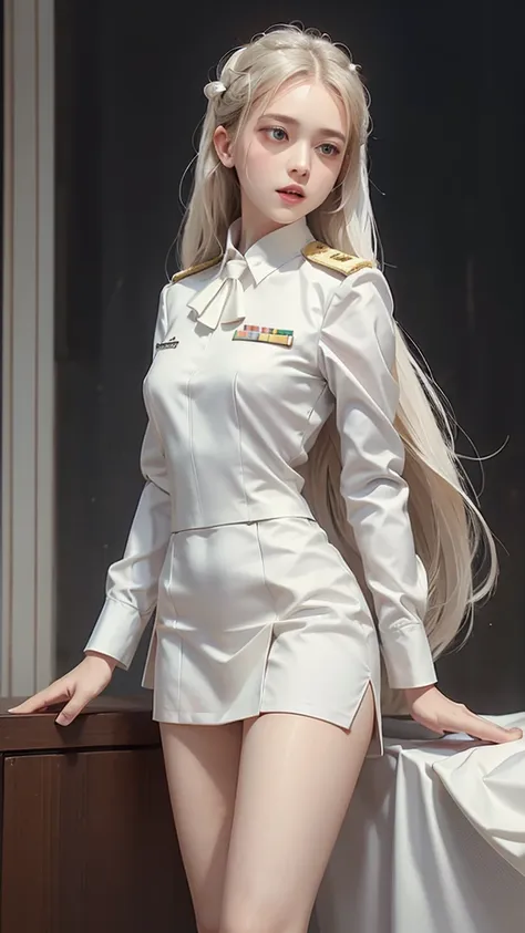 beautiful girl with long hair, (white suit), (all white), (white shirt), (showing off a black tie), (military rank insignia), (w...