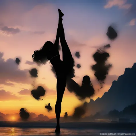 (masterpiece, best quality:1.2), 1girl, solo,standing_split, 
Silhouette Art of 1girl, multiple exposure, sunset, enhance, intricate, (best quality, masterpiece, Representative work, official art, Professional, unity 8k wallpaper:1.3)