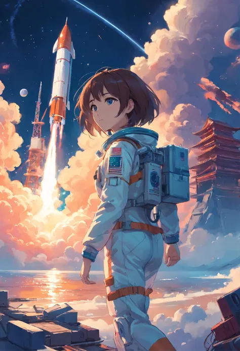 Chinese style，Rocket，astronaut, space，guweiz style artwork, guweiz, Shinkai Makoto&#39;s Artistic Style,  4k comic illustration， cartoon 