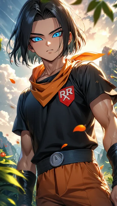 Ultra detailed, highres, absurdres, HDR, Android 17, black hair, blue eyes, Dragon ball Super, handsome, 1 man only, summer, green leaves, petals and flowers, he wears an orange bandanna around his neck, wearing a short sleeve black shirt with the Red Ribb...