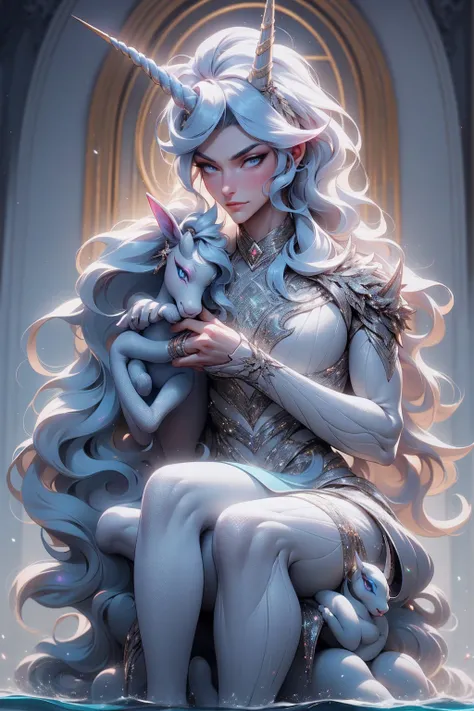 {-erro_de_anatomia:1.0} There is a white unicorn girl, blue mane and long mane, white unicorn, unicorn, unicorn horns, A unicorn, celestia, Nine stories, blue unicorn, soft dreamy, cinematic light《fangs》Unicorn in, mythological creatures, a mythical creatu...