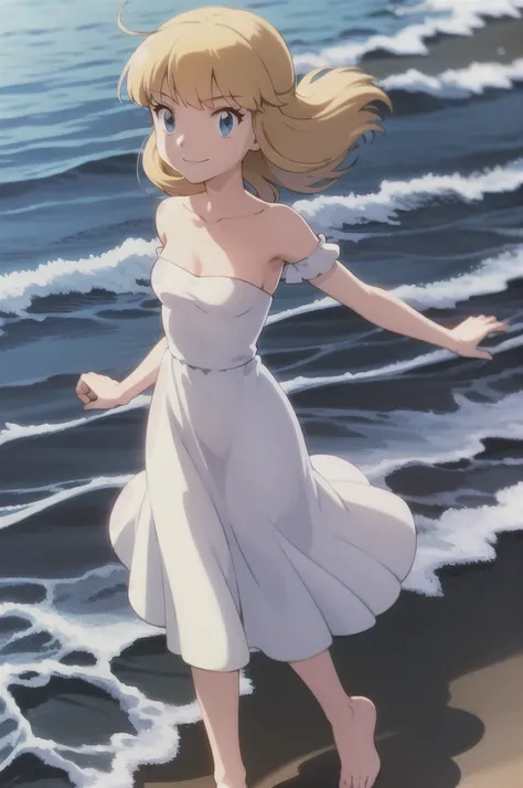 pokemovies, sugimori ken, ken sugimori ken (style), anime screencap, masterpiece, best quality, highres, outdoors, small breasts, 1 girl, Solo, Blue Eyes, Beautiful Detail Eyes, Blonde Medium Hair, Short Hair, Bangs, Good hands are down, Smile, Blushing, B...