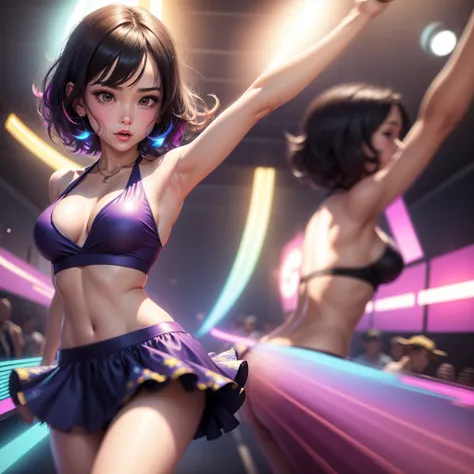 (Motion Blur) A lovely girl ina mini skirt and short halter top is dancing in a crowded disco tec, she is dancing so fast there is motion blur. Multi colored disco ball lighting, 60s style and attire