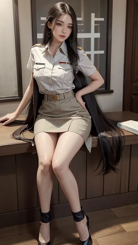 khaki suit, khaki civil servant, thai teacher uniform:1.3, beautiful girl with extra long hair, two meter long hair, long hair t...