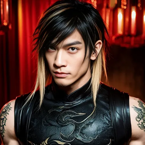 1 man, Japanese man, male, Asian eyes, muscular, broad shoulders, dragon tattoos, hairstyle Visual Kei style, hair Visual Kei, black mens shirt and black pants, ultra detailed face and eyes, hyperrealistic, realistic representation, long hair, long hair, 3...