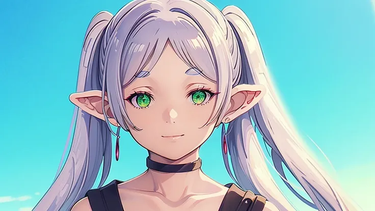 ((highest quality, super detailed woman:1.3)),(white hair,elfs ears,green eyes,shining eyes,small,small rounded eyebrows ,long t...