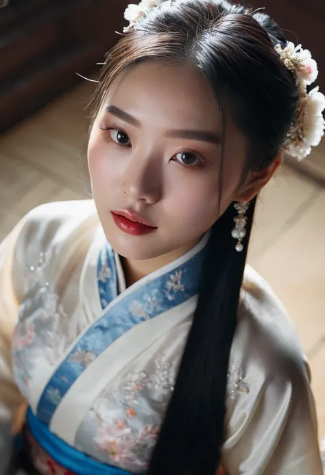 A lovely Chinese female model aged 20,Cinematic Lighting,from_above, white skin, (a girl having cowgirl sex riding a penis into her pussy:1.2),hanfu