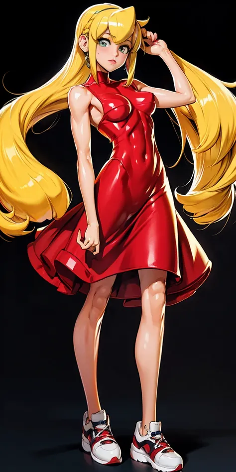 generate an illustration of a mature roll, gym leader of megaman , (red dress), hd, holding  all,  de terno preto, long blonde h...