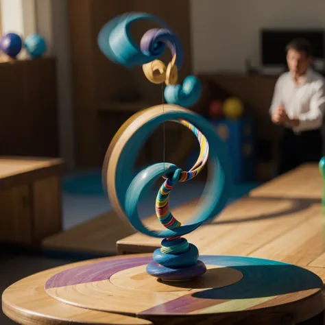 (Motion Blur) A spinning top twirls on a table, the many colorful shapes on it seem to blend together in the motion blur