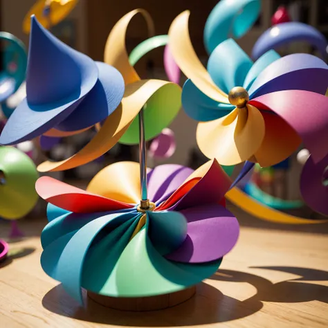 (Motion Blur) A spinning top twirls on a table, the many colorful shapes on it seem to blend together in the motion blur