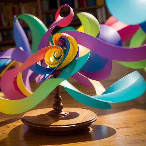 (Motion Blur) A spinning top twirls on a table, the many colorful shapes on it seem to blend together in the motion blur