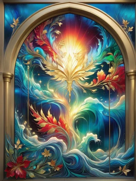 (Gold Leaf Art:1.5), An intricately designed stained glass window, vibrant with hues of reds, blues, yellows, and greens, that brings to life religious iconography, The window is awash in soft streams of golden sunlight, creating an ethereal aura around it...