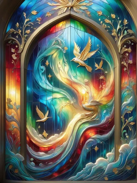 (Gold Leaf Art:1.5), An intricately designed stained glass window, vibrant with hues of reds, blues, yellows, and greens, that brings to life religious iconography, The window is awash in soft streams of golden sunlight, creating an ethereal aura around it...