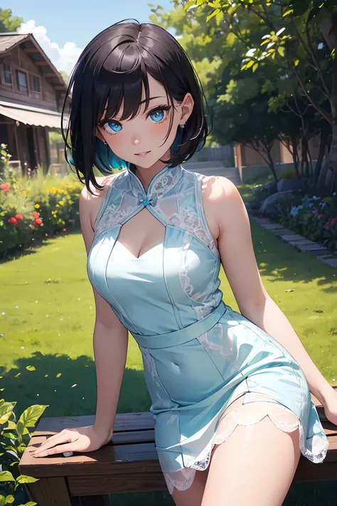 ((1 girl)), latest trend clothes, sit, sharp expression, White dress with lace, trimmed bangs, garden, cowboy shot,((Super detailed,highest quality, High resolution, 8k wallpaper, beautiful clothes,)),((black hair, short cut hair,straight hair)) , (teeth),...