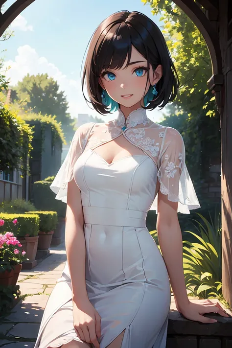 ((1 girl)), latest trend clothes, sit, sharp expression, White dress with lace, trimmed bangs, garden, cowboy shot,((Super detailed,highest quality, High resolution, 8k wallpaper, beautiful clothes,)),((black hair, short cut hair,straight hair)) , (teeth),...