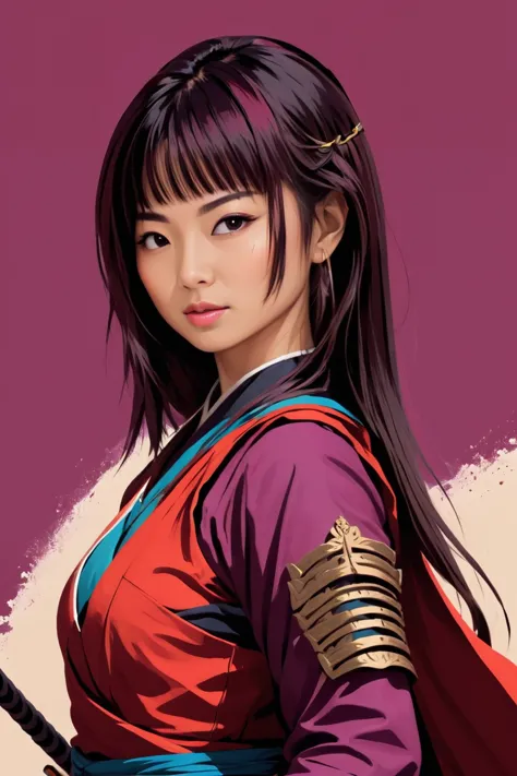 japanese woman warrior, digital artwork, bold lines, vibrant, saturated colors