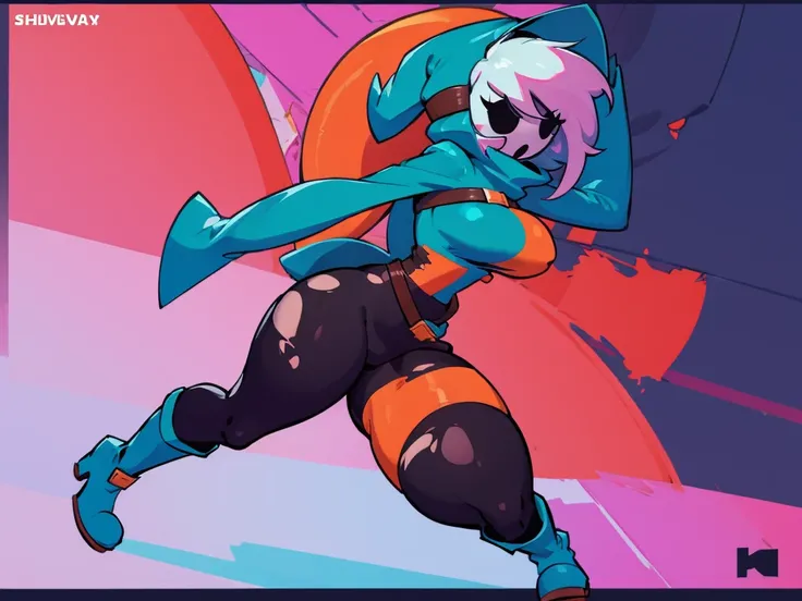 ((shygal)), (sexy), tall, large breasts, curvy, slim, long hair, full body, vibrant colors, color theory, (((Concept art pose))), (stockings), (buckle boots), (((Exposed breast window))), (belts), (((hood))), mask, arms, legs, body, (((solo))), (((Simple b...