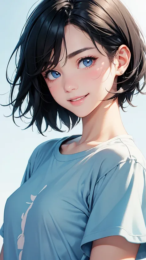 highest quality、realistic、girl、zoom、look up、cute、light gray eyes、black hair、very short hair、light blue t-shirt、cheerful smile、face close up、slender