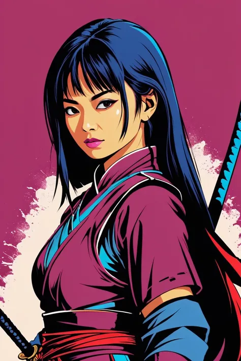 japanese woman warrior, digital artwork, bold lines, vibrant, saturated colors