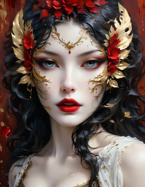 gold leaf art，mask，goth girl，Amazing eye details, Blood-red lips, flowing long hair, pale skin,