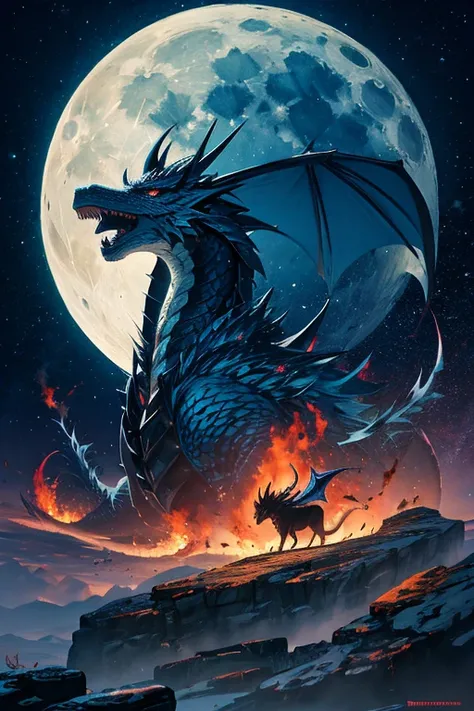 dragon flying in the sky, dark night, the moon shines, giant dragon, ancient china, rich colors, Works created by professional designers, fancy