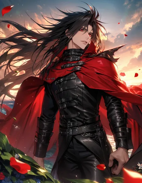 Ultra detailed, highres, absurdres, HDR, Vincent Valentine, black hair, red eyes, Final Fantasy VII Dirge Of Cerberus, extremely handsome, 1 man only, red cape, black leather clothes, flowers and petals, summer, green leaves,