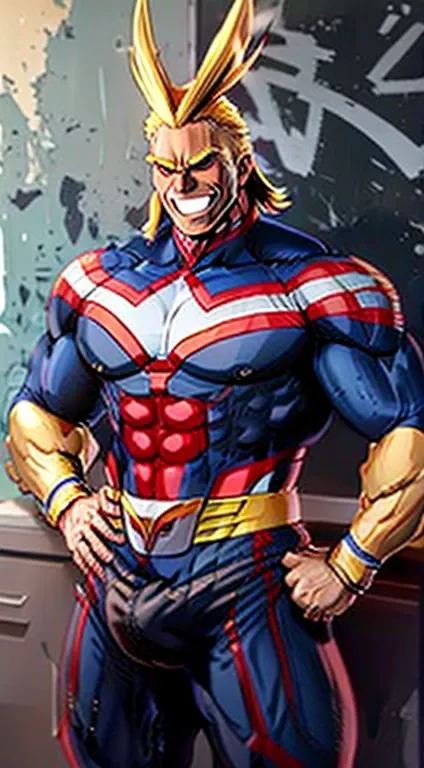 allmight, smile, antenna hair, (erection under clothes:1.2), wearing micro thong bikini,