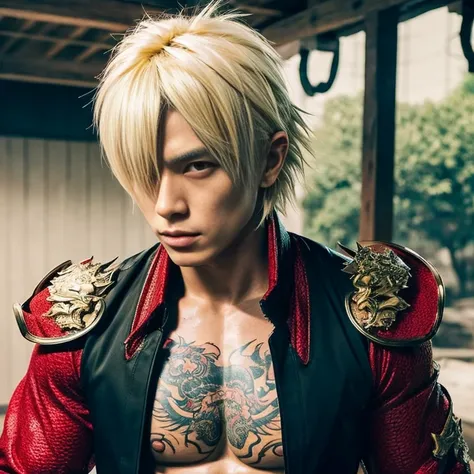 1 man, Japanese man, male, Asian eyes, muscular, broad shoulders, dragon tattoos, hairstyle Visual Kei style, hair Visual Kei, outfit VisualKai, ultra detailed face and eyes, hyperrealistic, realistic representation, shoulder length hair, 30 years old, age...