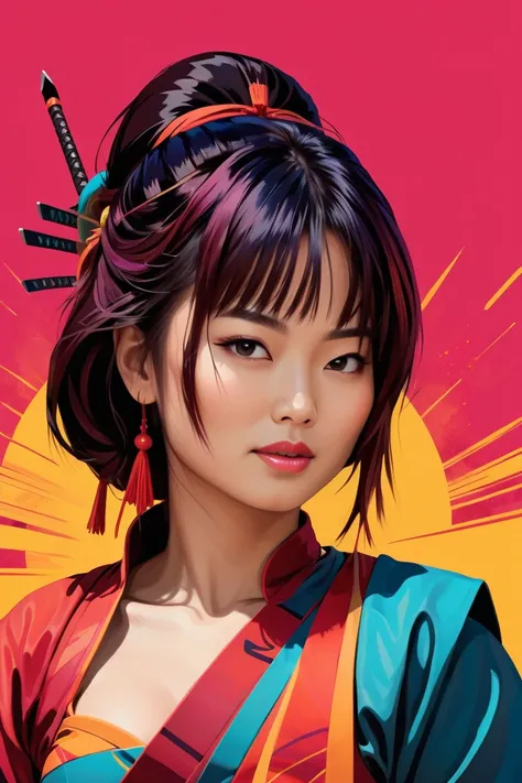 japanese woman warrior, digital artwork, bold lines, vibrant, saturated colors