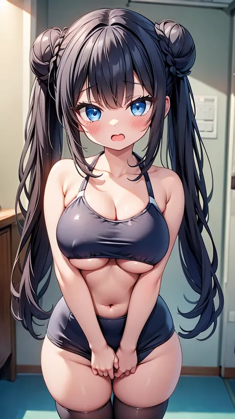 highest quality,wonderful,finely,extremely detailed CG Unity 8K wallpaper, (1 girl,black hair, blue eyes,double bun), (gigantic breasts:1.2), (school swimsuit:1.1), (bare shoulders:1.1), (clavicle:1.1), (underboob:1.2), (open mouth:1.2), (long tongue:1.2),...