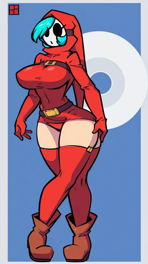 (shygal), (sexy), Very large tight breasts, curvy, slim, long hair, full body, color theory, (((Basic Concept art pose))), (stockings), (buckle boots), (belts), ((hood)), mask, arms, legs, body, ((solo)), (((Single color background))), masterpiece, Ultra h...