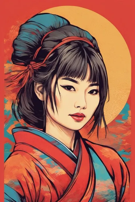 japanese woman warrior, digital artwork, bold lines, vibrant, pop-art colors,5 colors