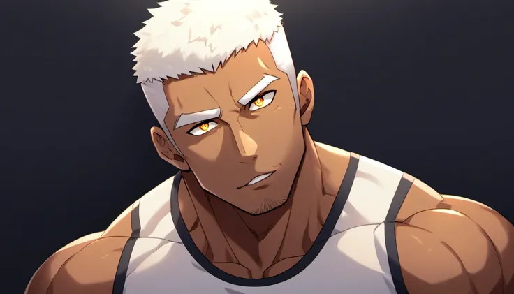 anime characters：gyee, fitness coach, shining black skin, 1 muscular tough guy, manliness, male focus, cream white sleeveless ti...