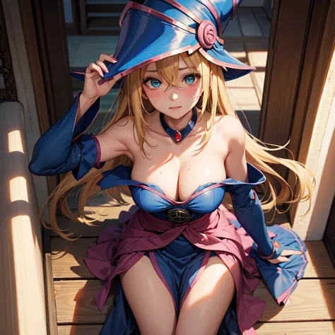 master piece,best quality,ultra detailed,8k,
ambient light,realistic skin,glossy skin,
（dark magician girl, duel monster, blush stickers, blonde hair, green eyes, long hair, breasts, blush, bangs, large breasts, hair between eyes, pentacle, pentagram, hat,...