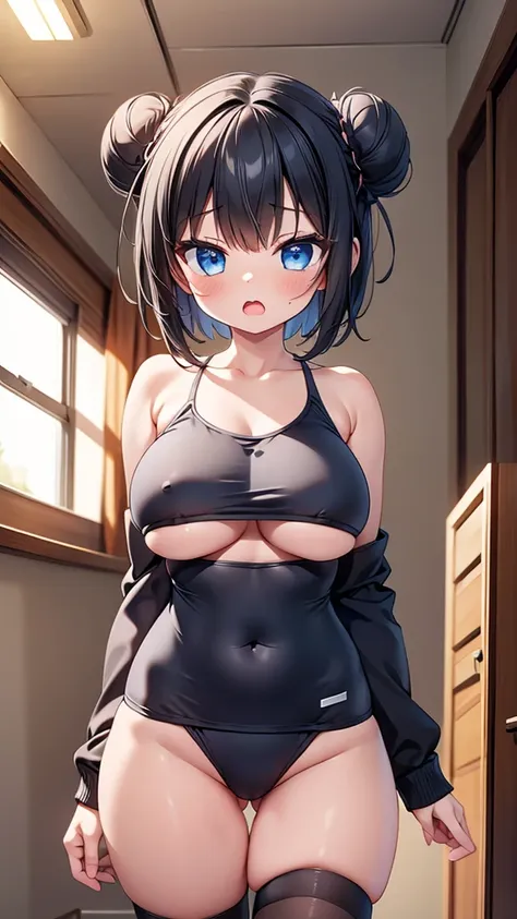 highest quality,wonderful,finely,extremely detailed CG Unity 8K wallpaper, (1 girl,black hair, blue eyes, short hair, double bun), (gigantic breasts:1.2), (school swimsuit:1.1), (bare shoulders:1.1), (clavicle:1.1), (underboob:1.2), (open mouth:1.2), (long...