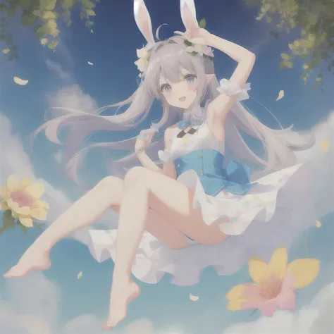 cute，bunny，Two dimensions，Cartoon，Long white ears，呆萌cute的表情，Small floral skirt，barefoot