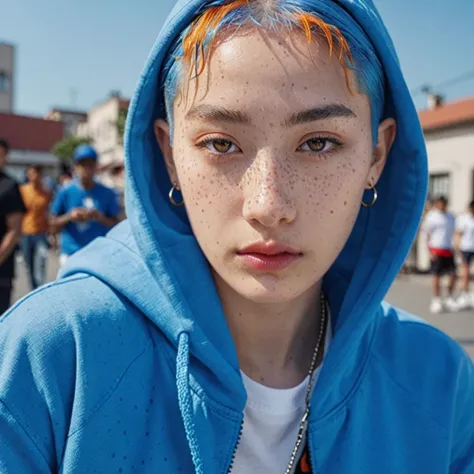 blue shaved hair best anamorphic lens photography 50mm lens close up of freckled woman。In the background, the morning sun shines on her hair.、background is blurry。Hip-hop fashion。fashionable。NIKE sneakers。The whole body is visible。