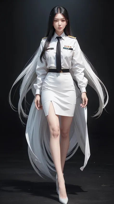 Beautiful girl with two meter long hair, long black hair, Wear a suit, (white women&#39;s suit), (white shirt), (Thai women&#39;s black necktie), (Military rank insignia), (Short white pencil skirt), tight, (dynamic post), full body, (Huge breasts, thin bo...