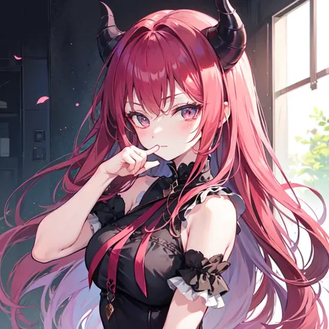 Secretly sweet hellborn demon girl doing the shushing hand/ index finger gesture towards the viewer and secretly winking to silently convey that she is on your side.