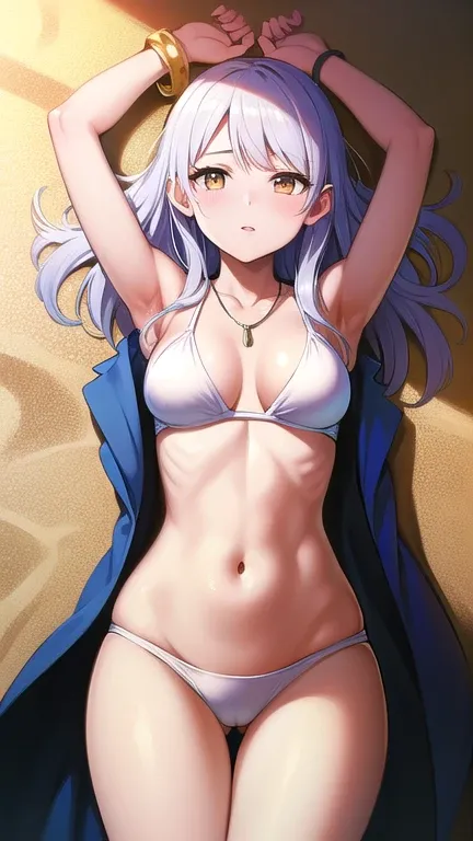 masterpiece, best quality, 1 solo girl, silver hair, yellow eyes, long hair, medium breasts, sexy body and face, wavy hair, white bikini, jewelry, bracelet, necklace, summer, beach, lying at the sand, sexy pose, cowboy shots, detailed body, face, and eyes,...